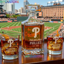 Philadelphia Phillies Custom Decanter Set with 2 Whiskey Glasses Etched Glassware Kit Est. 1883 MLB Fan Gift