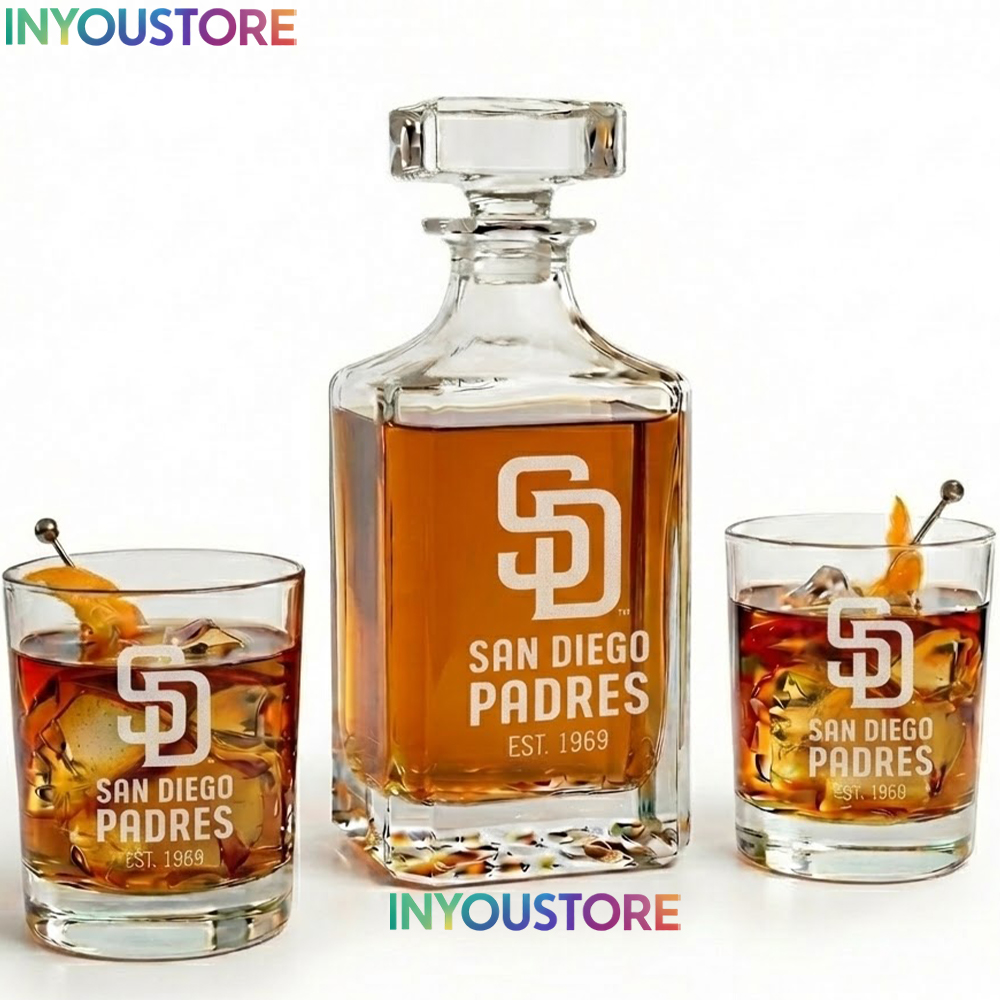 San Diego Padres Custom Decanter Set with 2 Whiskey Glasses Etched Glassware Kit Est. 1969 MLB Fan Gift - Image 4