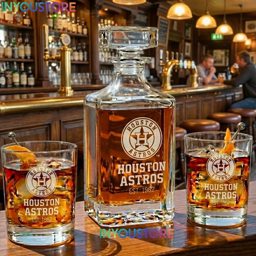 Houston Astros Custom Decanter Set with 2 Whiskey Glasses Etched Glassware Kit Est. 1962 MLB Fan Gift - Image 3
