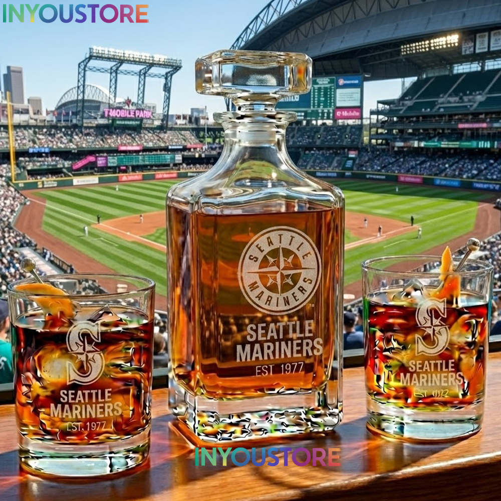 Seattle Mariners Custom Decanter Set with 2 Whiskey Glasses Etched Glassware Kit Est. 1977 MLB Fan Gift