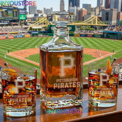 Pittsburgh Pirates Custom Decanter Set with 2 Whiskey Glasses Etched Glassware Kit Est. 1887 MLB Fan Gift