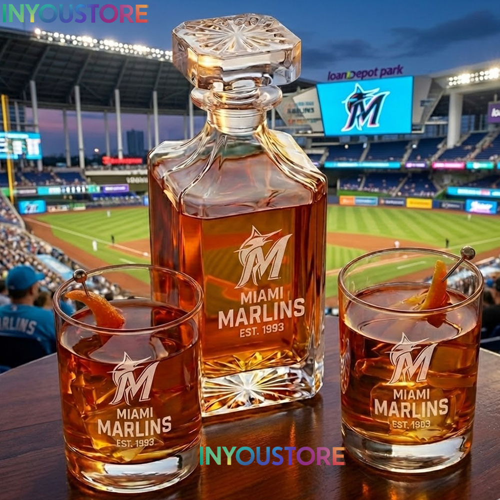 Miami Marlins Custom Decanter Set with 2 Whiskey Glasses Etched Glassware Kit Est. 1993 MLB Fan Gift