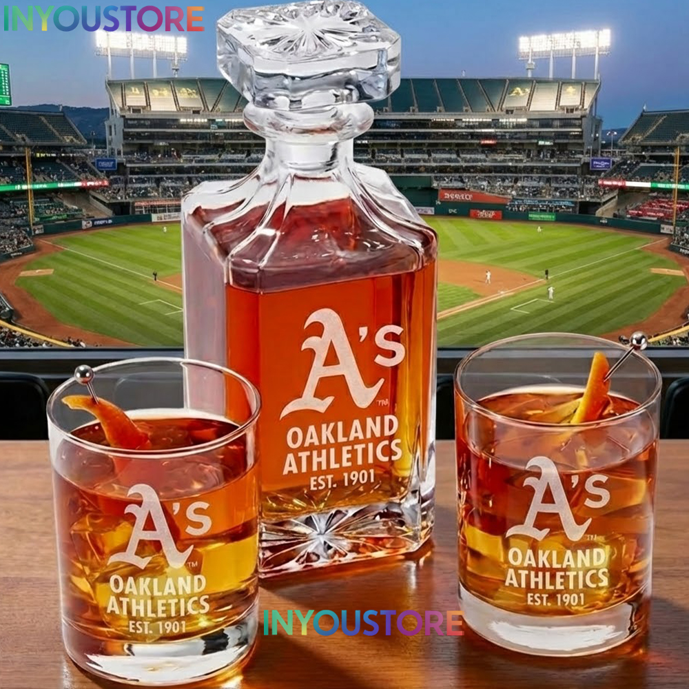 Oakland Athletics Custom Decanter Set with 2 Whiskey Glasses Etched Glassware Kit Est. 1901 MLB Fan Gift