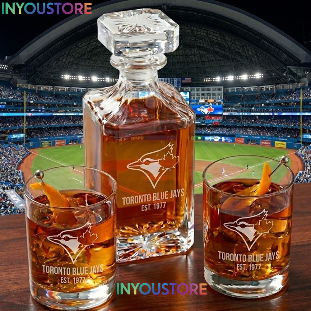 Toronto Blue Jays Custom Decanter Set with 2 Whiskey Glasses Etched Glassware Kit Est. 1977 MLB Fan Gift