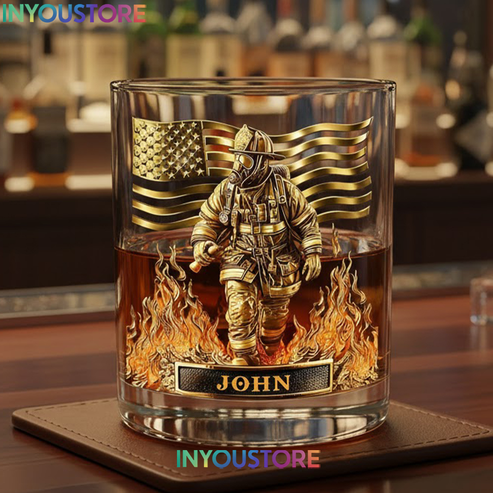 Personalized Firefighter American Flag Whiskey Glass - Custom Fireman Name Rocks Glass - Image 4