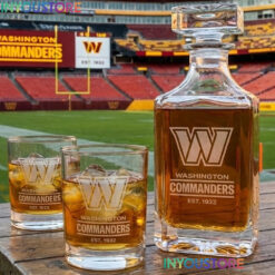 Washington Commanders Custom Decanter Set with 2 Whiskey Glasses Etched Glassware Kit Est. 1932 NFL Fan Gift