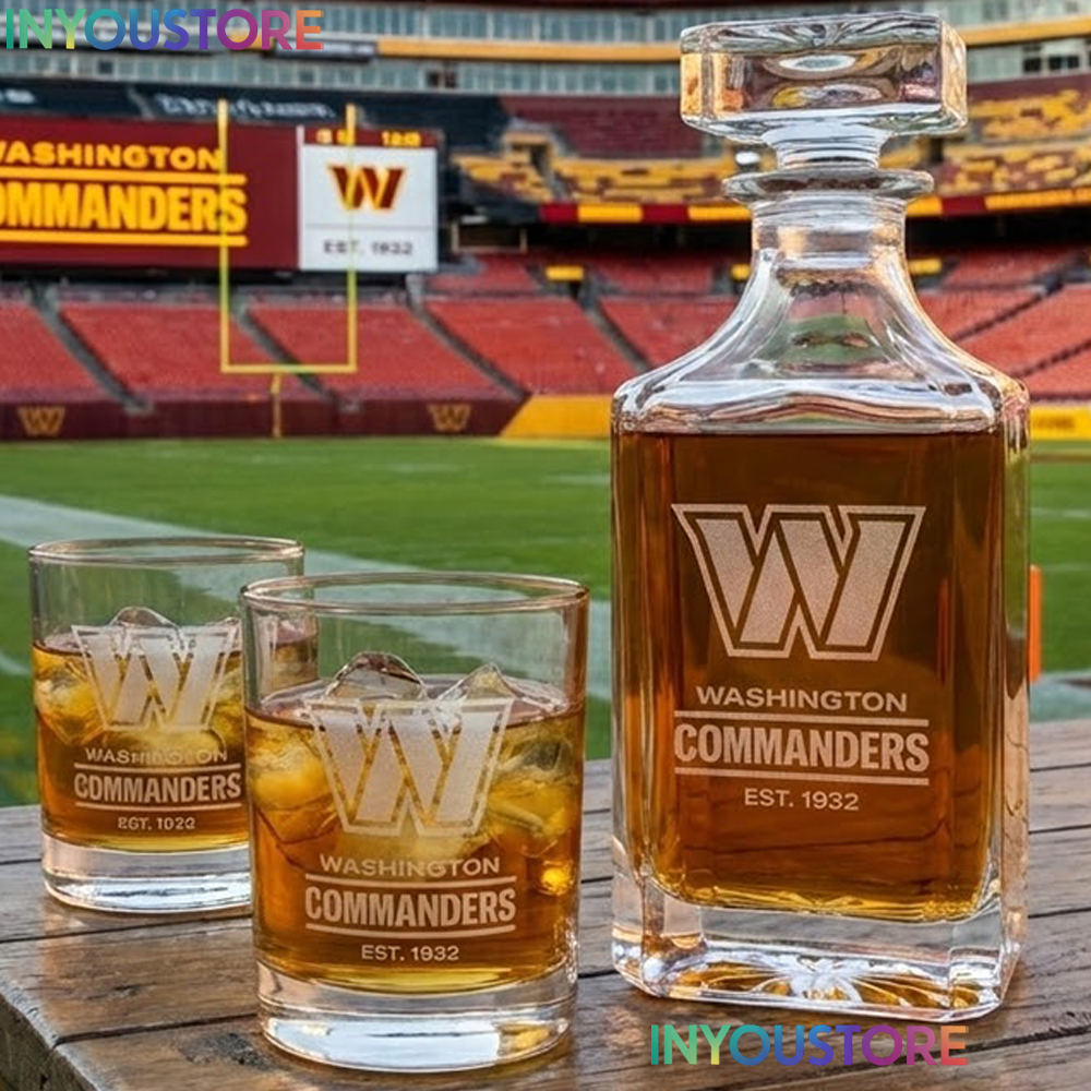 Washington Commanders Custom Decanter Set with 2 Whiskey Glasses Etched Glassware Kit Est. 1932 NFL Fan Gift