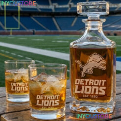 Detroit Lions Custom Decanter Set with 2 Whiskey Glasses Etched Glassware Kit Est. 1930 NFL Fan Gift