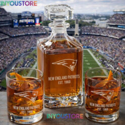 New England Patriots Custom Decanter Set with 2 Whiskey Glasses Etched Glassware Kit Est. 1960 NFL Fan Gift