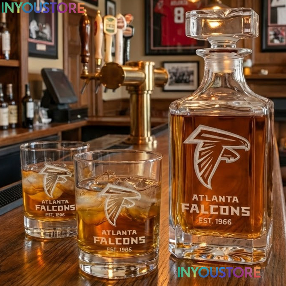 Atlanta Falcons Custom Decanter Set with 2 Whiskey Glasses Etched Glassware Kit Est. 1966 NFL Fan Gift - Image 3