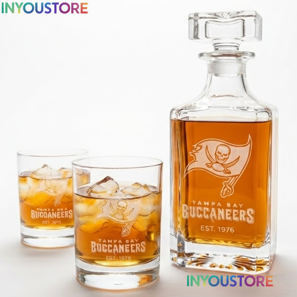 Tampa Bay Buccaneers Custom Decanter Set with 2 Whiskey Glasses Etched Glassware Kit Est. 1976 NFL Fan Gift - Image 4