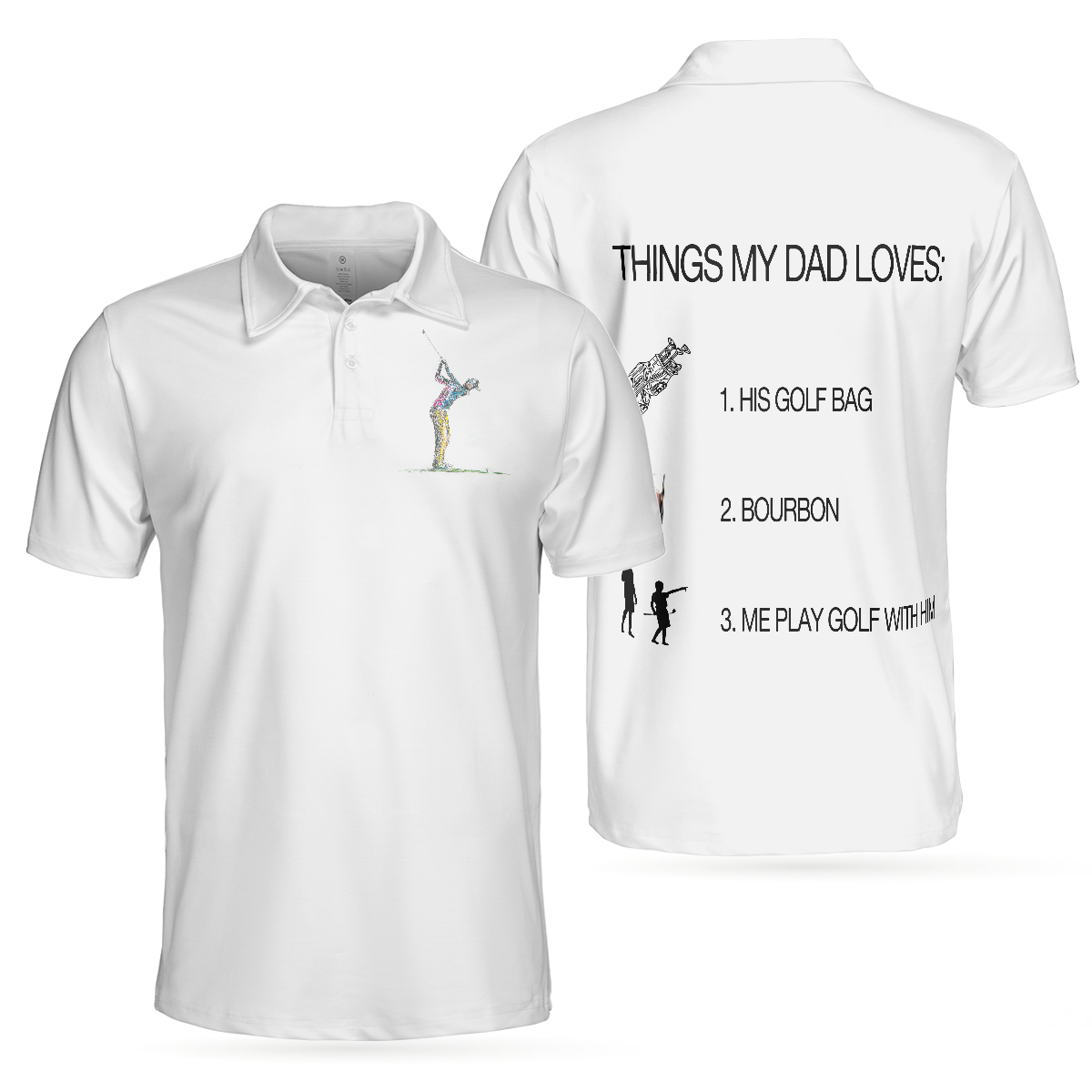 Things My Dad Love Golfing And Bourbon Whiskey Golf Polo Shirt, White Drinking Golfer Polo Shirt For Men