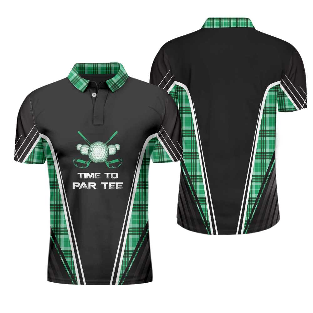 Time To Par Tee Black And Green Polo Shirt, Green Tartan Plaid Pattern Polo Shirt, Best Golf Shirt For Men