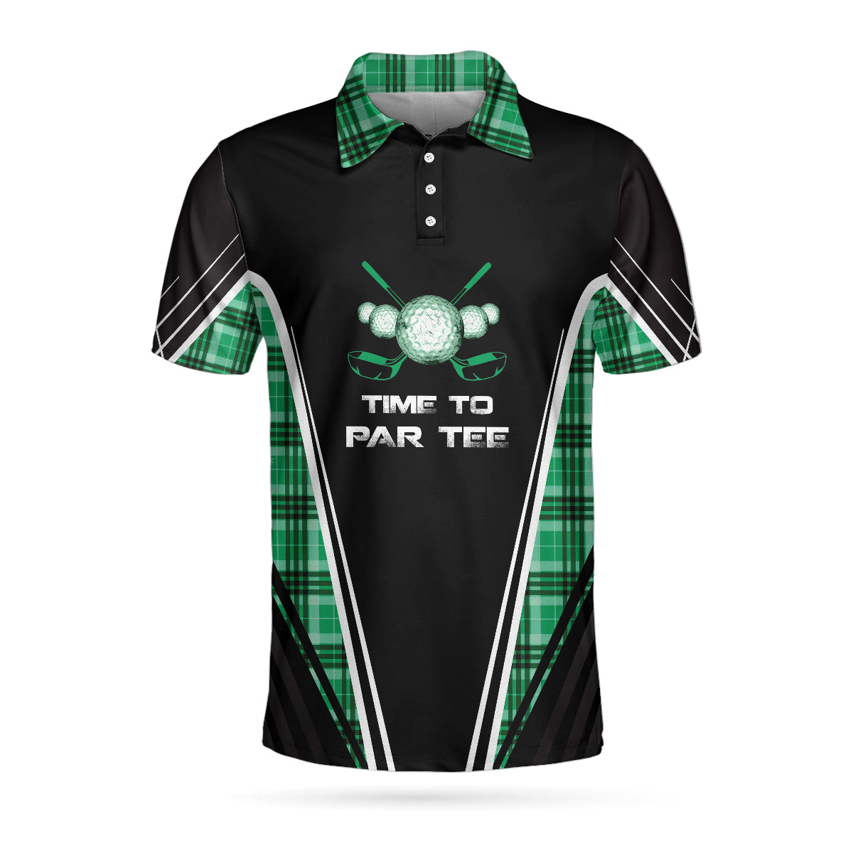 Alternative view of Time To Par Tee Black And Green Polo Shirt, Green Tartan Plaid Pattern Polo Shirt, Best Golf Shirt For Men