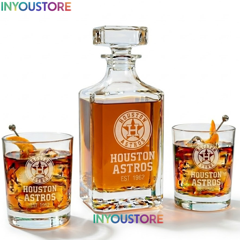 Houston Astros Custom Decanter Set with 2 Whiskey Glasses Etched Glassware Kit Est. 1962 MLB Fan Gift - Image 4