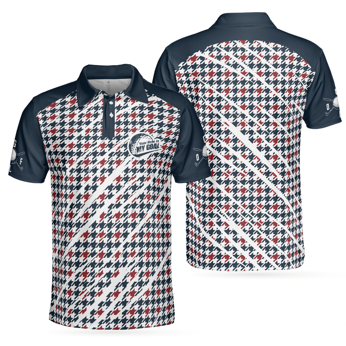 Trendy Red & Blue Houndstooth Pattern Golf Shirt, Your Hole Is My Goal Polo Shirt, Best Golf Shirt For Men