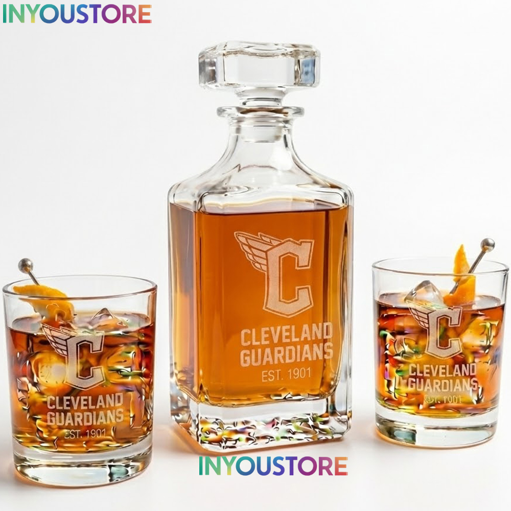 Cleveland Guardians Custom Decanter Set with 2 Whiskey Glasses Etched Glassware Kit Est. 1901 MLB Fan Gift - Image 4