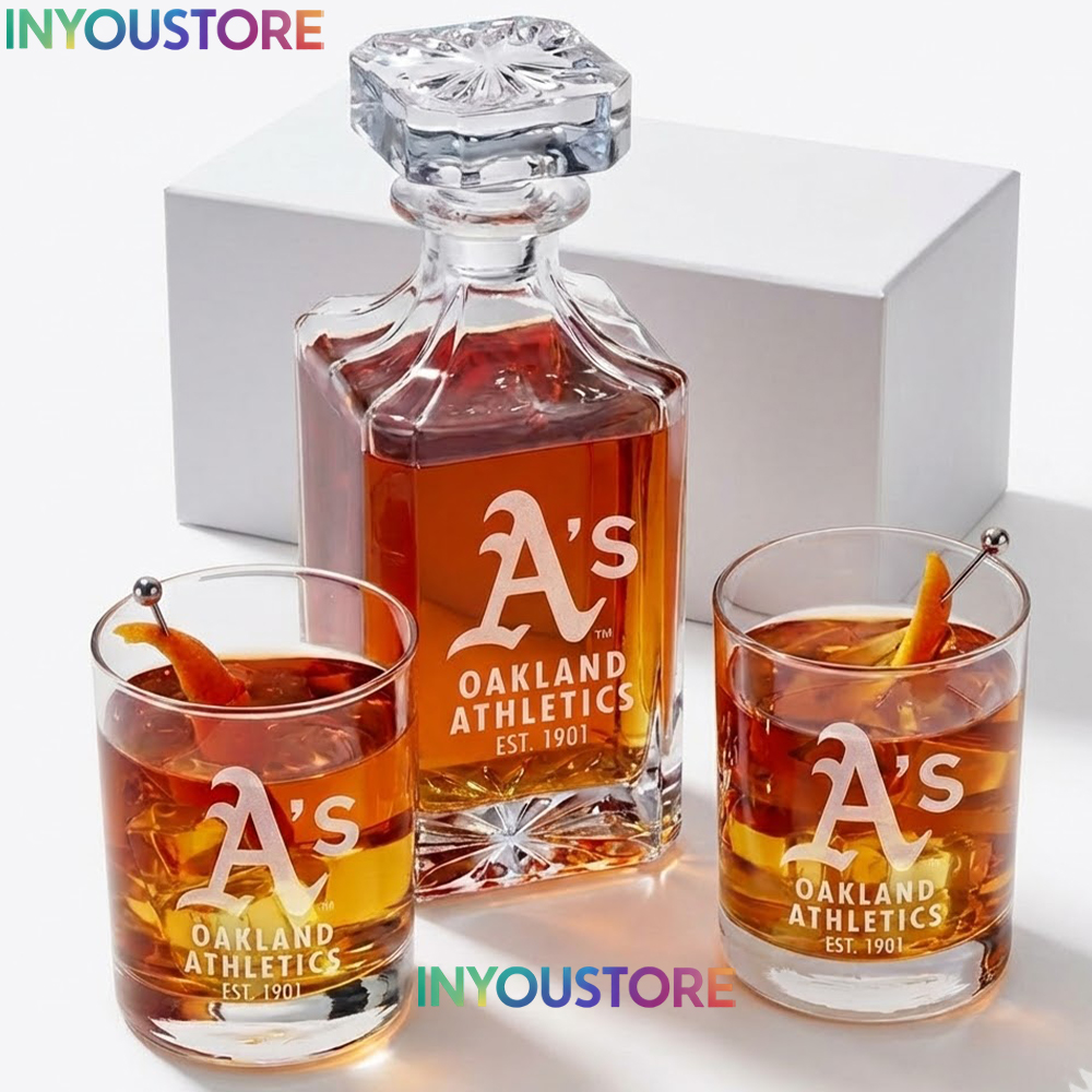Oakland Athletics Custom Decanter Set with 2 Whiskey Glasses Etched Glassware Kit Est. 1901 MLB Fan Gift - Image 4