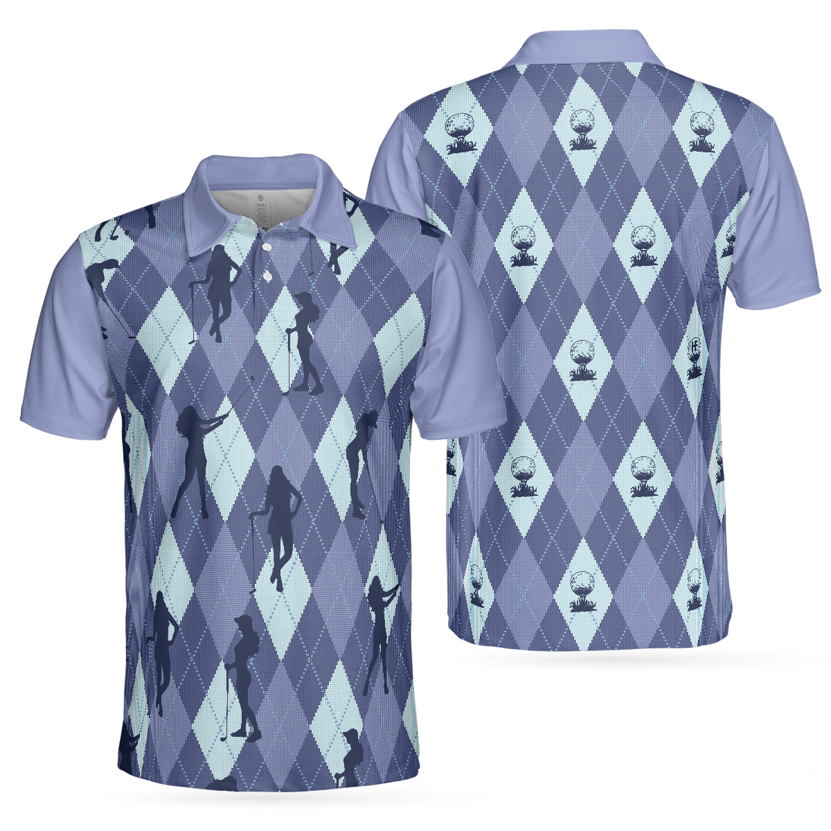 Vintage Blue Palatte Girl Golf Polo Shirt, Argyle Pattern Girl Golfer Silhouette Polo Shirt, Fun Golf Shirt For Men