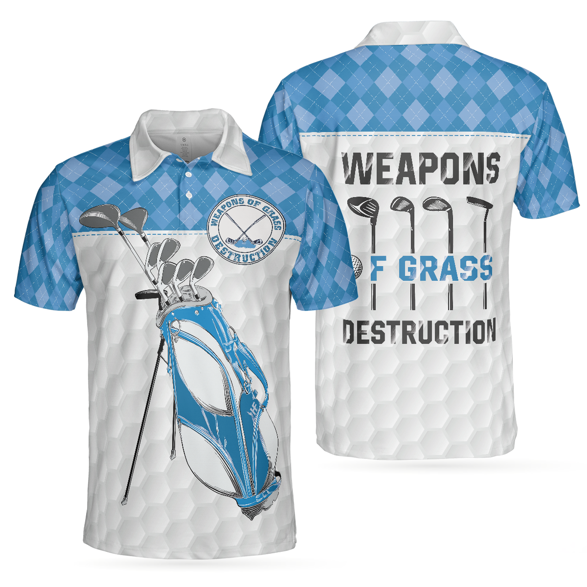 Weapons Of Grass Destruction Short Sleeve Polo Shirt, Golf Texture Blue Argyle Pattern Polo Shirt, Best Golf Shirt For Men