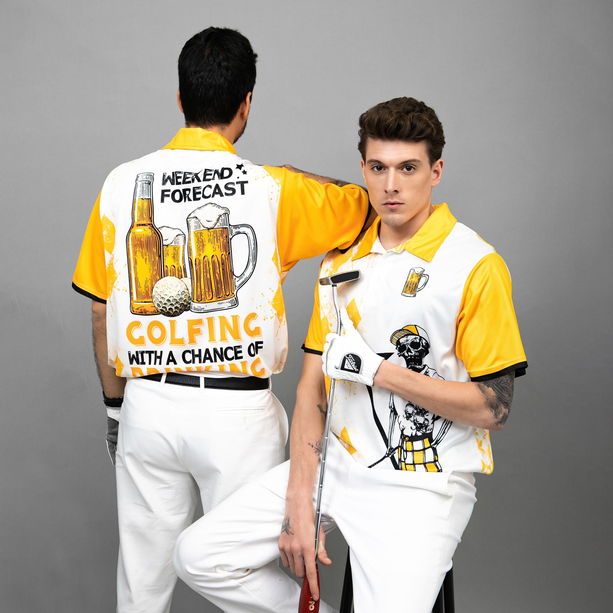 Weekend Forecast Beer And Golf Polo Shirt, Argyle Pattern Skeleton Golfer Polo Shirt, Golf Shirt For Beer Lovers