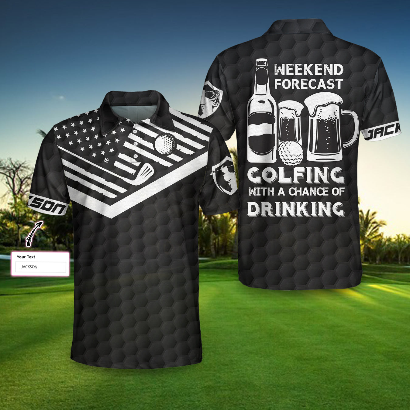Weekend Forecast Drinking Custom Golf Polo Shirt, Personalized Black American Flag Golf Shirt For Men