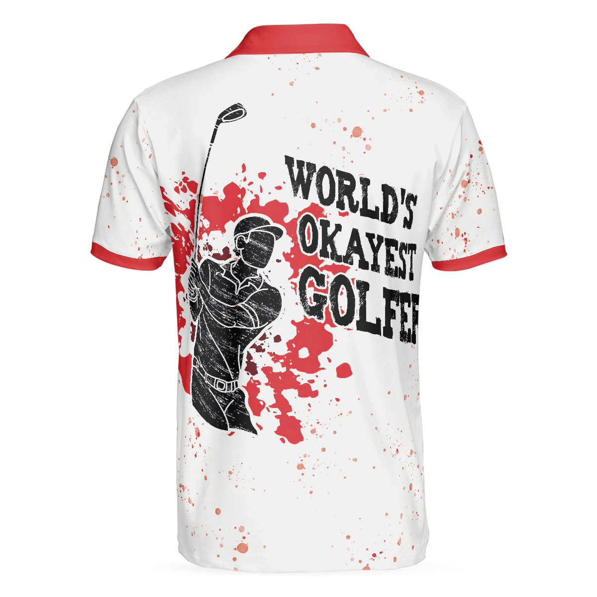 Alternative view of World's Okayest Golfer Golf Polo Shirt, Red Paint Splash Black Golfer Silhouette Polo Shirt, Best Golf Shirt For Men