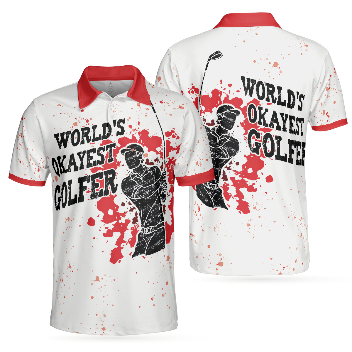 World's Okayest Golfer Golf Polo Shirt, Red Paint Splash Black Golfer Silhouette Polo Shirt, Best Golf Shirt For Men
