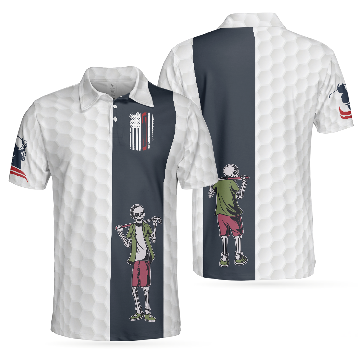 Youngster Skeleton Golf Lover American Flag Polo Shirt, White American Flag Golf Shirt For Men