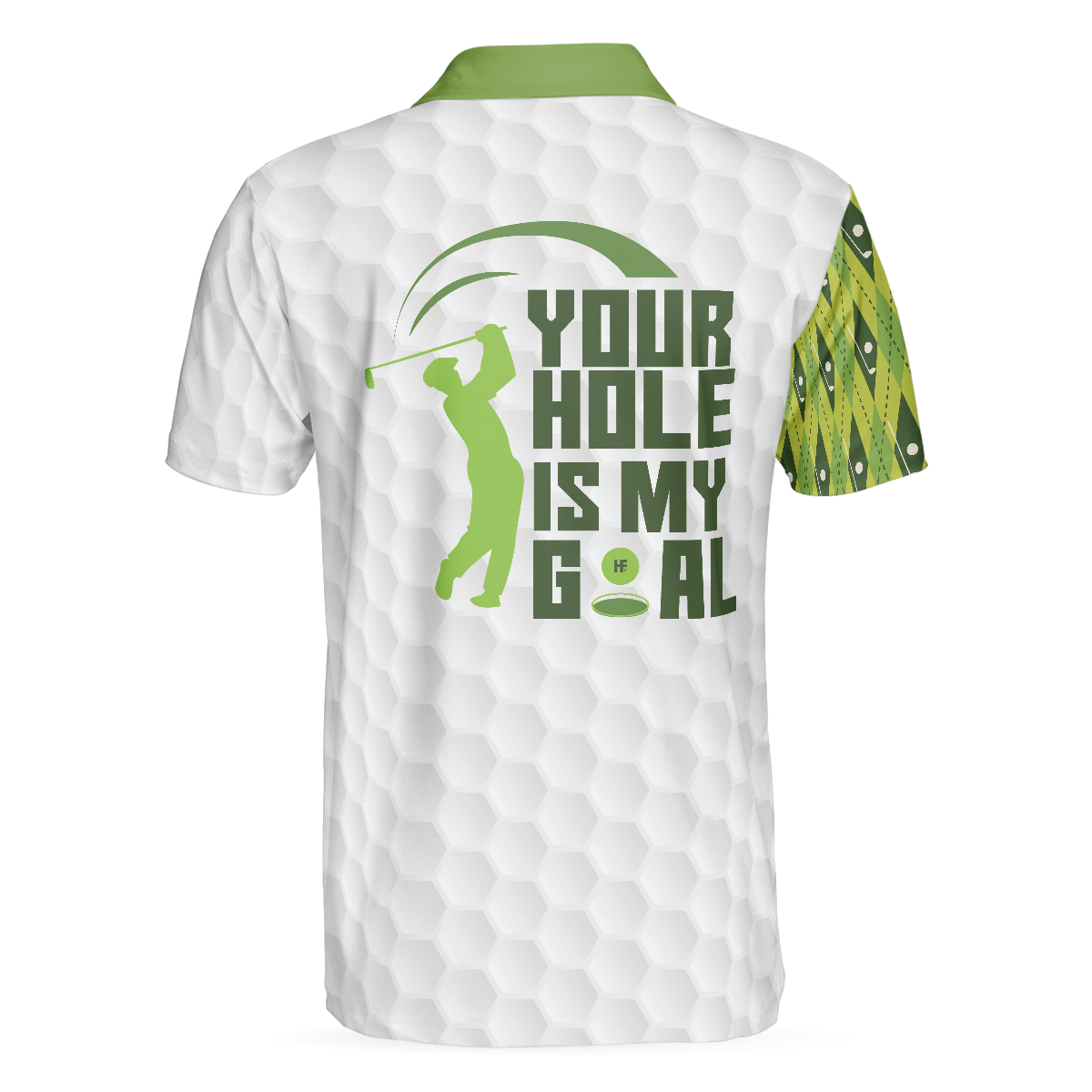 Your Hole Is My Goal Green Argyle Pattern Polo Shirt, White And Green Golfing Shirt For Male Golfers